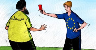 كاريكاتير صحيفة إماراتية.. " أوربا تطرد حزب الله ببطاقة الإرهاب الحمراء"