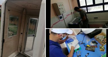 طلاب كفر الشيخ يصممون بوابة تعقيم للوقاية من كورونا بـ400 جنيه.. تعمل إلكترونيا ومزودة بكاشف للمعادن وتضخ كميات من الكحول.. الطلاب: تفادينا سلبيات البوابات الأخرى.. وكيل التعليم: لدينا مزيد من الاختراعات