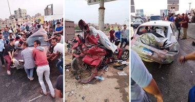 صور.. كوارث سيارات النقل عرض مستمر.. مصرع شخص وإصابة 6 إثر سقوط حمولة تريلا على 8 سيارات بدائرى المعادى.. السرعة الزائدة أدت لانحراف الشاحنة وانقلابها.. القبض على السائق الجانى.. و"المرور" ترفع الحطام