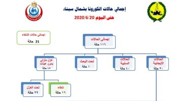 صحة شمال سيناء: شفاء 21 حالة من كورونا ليصل الإجمالى 116 متعافيًا