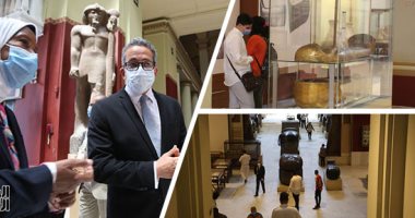 وزير السياحة والآثار يفتتح متحف التحرير للجمهور ويتابع الإجراءات الاحترازية.. العنانى: العاملون بالفنادق والمتاحف يتحملون جزءا من مسئولية تقديم صورة إيجابية لمصر.. ويوليو يحدد مصير الفترة المقبلة.. فيديو وصور