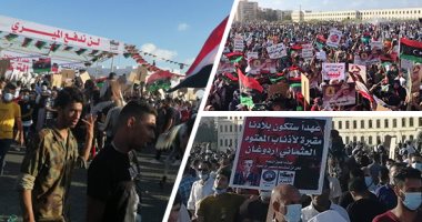 فيديو وصور.. تظاهرات حاشدة فى ليبيا رفضا للعدوان التركى.. المتظاهرون يرفعون لافتات تندد بدور أردوغان التخريبى فى البلاد.. لافتات تدعم الجيش الوطنى الليبى فى حربه ضد الإرهاب.. وعلم مصر يرفرف بين المتظاهرين