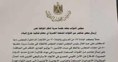 البرلمان يوافق على إرسال عناصر من القوات المسلحة فى مهام قتالية خارج البلاد