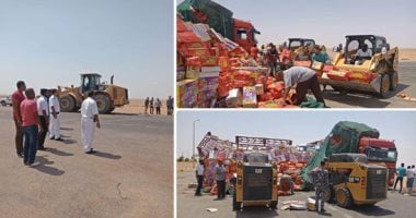 ملوك الجدعنة.. أهالى كركر بأسوان ينقذون شاحنة حلويات من النهب بعد تعرضها لحادث انقلاب بطريق أبو سمبل.. ويؤكدون: وقفنا نحرس البضائع مخافة السرقات.. ولم نترك السائق حتى استكمل رحلته للسودان.. صور