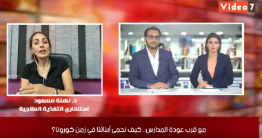 نهلة مسعد استشاري التغذية العلاجية تؤكد لتليفزيون اليوم السابع: يجب الابتعاد عن الأغذية المصنعة.. وننصح بتناول الأطفال أدوية الفيتامينات.. "متقطعوش الفاكهة وبلاش سندوتشات البرجر والفراخ المقلية فى لانش بوكس"
