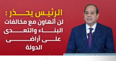 الرئيس السيسى يحذر: لن أتهاون مع مخالفات البناء والتعدى على أراضى الدولة.. وقف مخالفات البناء والتعديات تكليف وتحدى واختبار للحكومة.. و"اللى مش هيقدر يحقق الانضباط يقولي سلام عليكم".. إنفو جراف