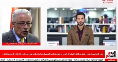 وزير التعليم لـ"تليفزيون اليوم السابع": الدراسة مستمرة ولا يوجد شيئ يدعو للقلق.. طارق شوقى: اللى خايف من شائعات كورونا يحول ابنه منازل.. ويؤكد: الناس بتشتكى من الفيروس وبيروحوا أفراح وحفلات.. فيديو