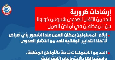 الصحة توضح إجراءات الحد من انتقال عدوى كورونا بأماكن العمل.. إنفوجراف