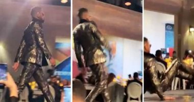 سقوط محمد رمضان أرضا على منصة تتويج مهرجان فنى بـ دبى.. فيديو