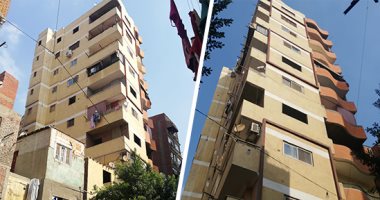 محافظة القاهرة تخلى عقارا مائلا من 11 طابقا بمصر القديمة.. الأهالى: أبلغنا الحى فشمع المنزل والمقاول هرب.. والمحافظة: المبنى بدون رخصة وصادر له قرارات إزالة.. واتجاه لإزالة 3 أدوار لتخفيف الأحمال.. صور