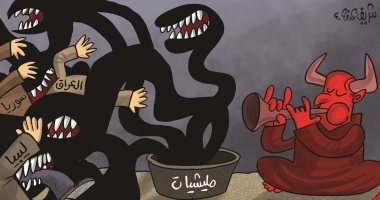 الشيطان يحرك ميليشياته بالعراق وسوريا وليبيا فى كاريكاتير اماراتى
