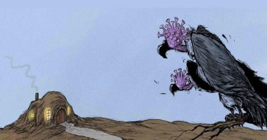 "كورونا" كالغربان تنتظر الناس خارج المنزل للانقضاض عليها فى كاريكاتير