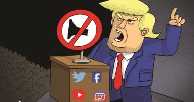 عزل إلكترونى.. ترامب تحت حصار الكونجرس والسوشيال ميديا فى كاريكاتير إماراتى