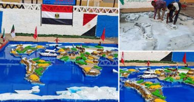 خريطة العالم فى فناء مدرسة مرسى علم الثانوية.. المعلمون صمموا مجسما لمساعدة الطلاب فى دراستهم.. صاحب الفكرة: استغلينا توقف الدراسة فى شىء يفيد.. واستغرقنا شهرا واستخدمنا الطوب والأسمنت والألوان لتنفيذها.. صور