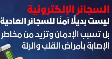 الصحة: السجائر الإلكترونية ليست بديلا للعادية وتزيد من أمراض القلب.. إنفوجراف