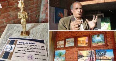 جمع بين الميكانيكا والفن التشكيلى.. "خالد" فنى بشركة مضارب الأرز بالغربية نهارا وفنان تشكيلى ليلا.. ويؤكد: شاركت فى ملتقيات عربية ودولية وحصدت عدة جوائز.. وحولت جراج منزلى لمرسم وأستمتع بالجلوس بين لوحاتى.. صور