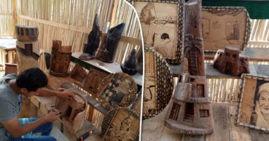 جواهر مدفونة فى رمال الوادى الجديد.. "محمود" فنان بالفطرة أسس متحف تراثى من جريد النخل بالداخلة.. ينحت من جذوع النخيل بيوتا ومجسمات تراثية ..وهدفه نشر ثقافة تدوير مخلفات النخيل كديكورات مجانية.. صور