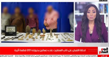 تماثيل فرعونية وعملات.. محتويات الكنز الأثرى المضبوط بحوزة علاء حسانين.. فيديو