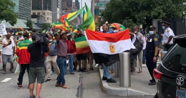 هنا من أجل بلدى.. شاب يقف شجاعا بعلم مصر وسط عدد من الإثيوبيين أمام مجلس الأمن