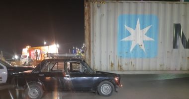 سقوط حاوية من سيارة نقل ثقيل بعد اصطدامها بكوبرى باسوس أسفل الدائرى