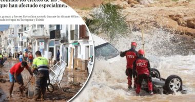 الفيضانات والعواصف تحاصر إسبانيا وتدمر الشوارع.. ظاهرة "دانا" الوحشية تخلف أضرارا مادية كبيرة فى كتالونيا وتغلق الطرق وتعلق عمل القطارات.. السيارات تنزلق فى البحر ووقوع 41 ألف ضربة صاعقة.. وغرق سائحين ألمانيين