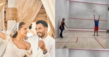 نيللي كريم تنافس زوجها هشام عاشور في الاسكواش ويعلق:ولادة بطلة جديدة.. فيديو