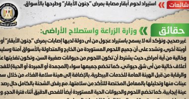 أخبار مصر.. الحكومة تنفى استيراد لحوم أبقار مصابة بمرض "جنون الأبقار"