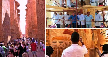 انتهاء المرحلة الأولى لترميمات صالة الأعمدة الكبرى فى الكرنك بأيادى مصرية.. أمين الأعلى للآثار: فرق الترميم انطلقت فى العمل لإظهار جمال النقوش والألوان بالأعمدة.. ومدير ترميم آثار الكرنك: العمل وسام على صدورنا