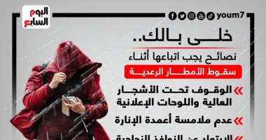 خلى بالك.. نصائح يجب اتباعها أثناء سقوط الأمطار الرعدية.. إنفوجراف
