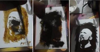لوحات سكرها زيادة.. شاب يرسم بورتريهات بالعسل والشاى الأسود بدل الحبر