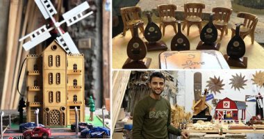 نجار بدرجة فنان تشكيلى.. إبراهيم علام شاب يبدع فى تحويل بقايا الخشب لتحف فنية وأنتيكات تسر الناظرين.. حرر مهنة النجارة من مفهومها التقليدى واحترف نحت الخشب.. وصدر مجسماته للسعودية وقطر والكويت ولبنان والأردن