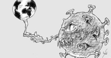كاريكاتير اليوم.. فيروس كورونا يتلاعب بالكرة الأرضية 