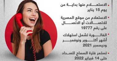 وأنت في بيتك.. استعلم عن فاتورة التليفون الأرضي لشهر يناير 2022 (إنفوجراف)