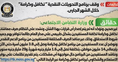 الحكومة تنفى وقف برنامج التحويلات النقدية "تكافل وكرامة" خلال يناير الجارى