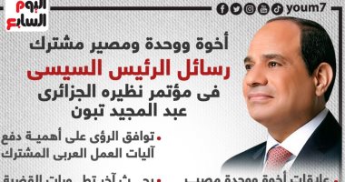 أخوة ووحدة ومصير مشترك.. رسائل الرئيس السيسى فى مؤتمر نظيره الجزائرى عبد المجيد تبون (انفوجراف)