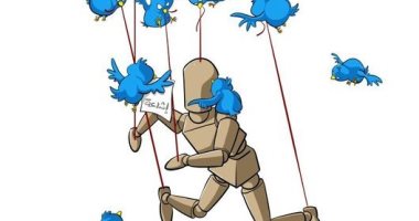 الشائعات على منصات التواصل الاجتماعى تنهش المستمعين إليها في كاريكاتير