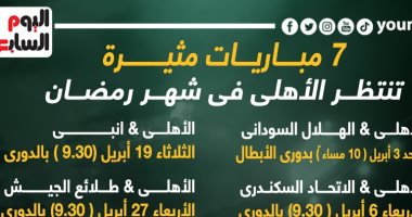 7 مباريات مثيرة تنتظر الأهلى في شهر رمضان.. إنفوجراف