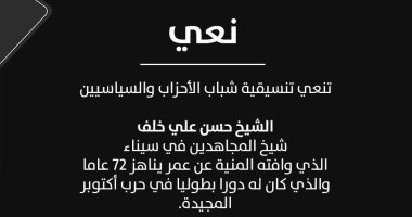 تنسيقية شباب الأحزاب تنعى حسن على خلف شيخ المجاهدين فى سيناء