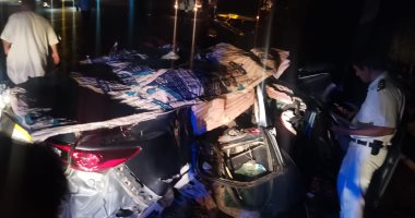 صور.. مصرع 4 فى حادث تصادم بين سيارتين على الطريق الدولى ببلطيم