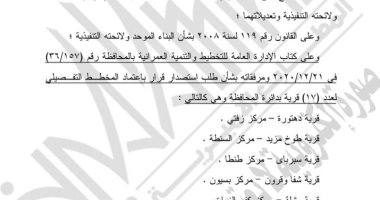 الجريدة الرسمية تنشر قرار محافظ الغربية باعتماد المخطط التفصيلى لـ17 قرية