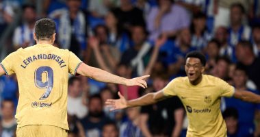 ديمبيلى وليفاندوفسكى فى هجوم برشلونة ضد بلد الوليد بالدوري الإسباني