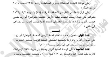الجريدة الرسمية تنشر قرار محافظ بنى سويف بتعديل وصف استخدام قطعة أرض إلى سكنى