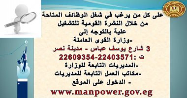 القوى العاملة تعلن عن 4410 فرص عمل بأجور تصل لـ15 ألف جنيه فى 13 محافظة