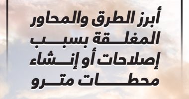 اعرف أبرز الطرق والمحاور المغلقة بسبب إصلاحات أو إنشاء محطات مترو.. انفوجراف