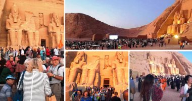 الشمس تعانق وجه الملك رمسيس داخل معبد أبو سمبل.. الآثار تخصص شاشات عرض لمتابعة الظاهرة.. تزويد المعبد بـ 64 كاميرا مراقبة وسيارات كهربائية لنقل الزائرين.. والسائحون يدخلون فى وصلة رقص خلال الاحتفالات.. صور