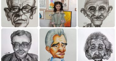 الصورة بتتكلم..  شهد 11 سنة تبدع فى رسم المشاهير بالألوان الخشب