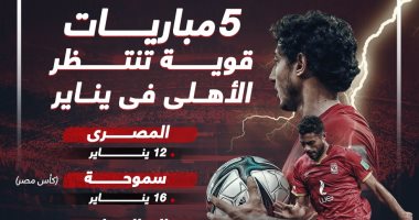5 مباريات قوية تنتظر الأهلى حتى نهاية يناير.. إنفوجراف  