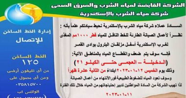 غدا.. انقطاع المياه غرب الإسكندرية بسبب أعمال الصيانة فى خط رئيسى