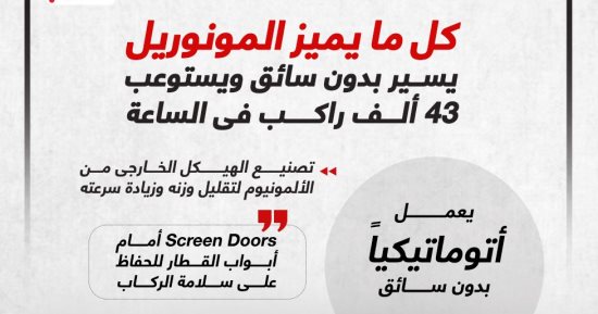 يسير بدون سائق ويستوعب 43 ألف راكب في الساعة.. مميزات المونوريل.. إنفوجراف