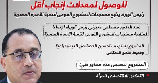 رئيس الوزراء يتابع مستجدات المشروع القومى لتنمية الأسرة المصرية.. إنفوجراف